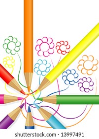 Vector Coloring Pencils and Sketched Drawing of Flowers (Background or Cover; a version with sketched drawing of space & stars is also available)