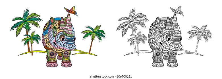 Vector coloring picture of a rhinoceros and a butterfly among the palm trees