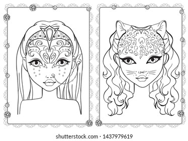 Vector coloring portraits of girls in horsewoman and leopard fantasy make up