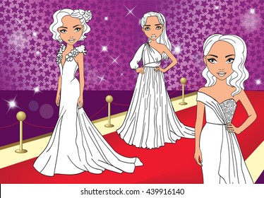 Vector coloring poster of beautiful girls in luxurious dresses are red carpet