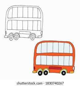 Vector coloring. The red bus with blue Windows is double-Decker. Children's creativity coloring book with an example.