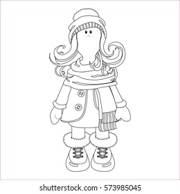 Vector coloring Scandinavian rag doll in the form of a girl in winter clothes: coat, hat with pom-pom, scarf and boots. A character in a cartoon style. Picture for painting. Isolated. Handmade