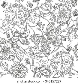 Vector Coloring Template Flowers Butterflies Hand Stock Vector (Royalty ...