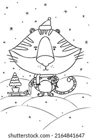 Vector coloring with a tiger in a hat holding a sled. Black and white illustration for children, drawn in cartoon style.  Illustration for design, prints and patterns. Isolated on white background