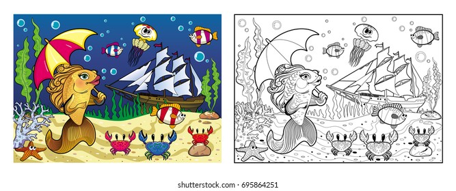 Vector coloring, under the sea cartoon goldfish under an umbrella and a sunken ship