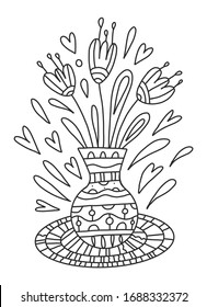 Vector coloring vase with flowers on a rug. Beautiful large flowers, leaves and hearts. Coloring book for adults and children with decorative patterns. Spring bouquet for creative creativity and