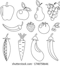 Vector coloring of vegetables and fruits. Food on a white isolated background.