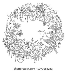 Vector coloring wreth with bird and flowers in circle composition. Illustration black contour isolated on white background. Stock illustration for design, print, t shirt, home decor, porcelain. 