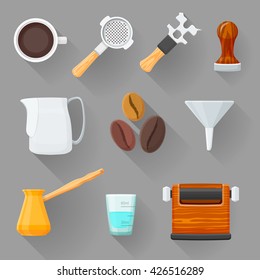 vector colorl flat various barista equipment coffee cup, tamper, wrench, measuring glass, pitcher, beans, portafilter, funnel, knock box, turk pot isolated illustration set shade isolated background
