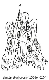 vector colorless abstract art of phoenix bird that hugs a temple on transparent background