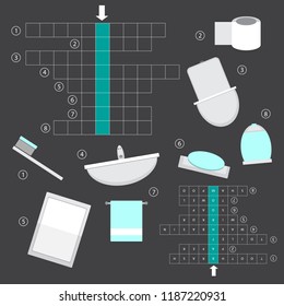 Vector colorless crossword, education game for children about bathroom - interior - mirror, bath, toilet, sink, towel, soap and more. svg
