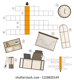 Vector colorless crossword, education game for children about Set of office icons