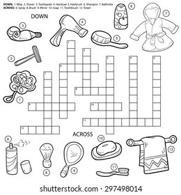 Vector colorless crossword, education game for children about bathroom and beauty items (wisp, shaver, toothpaste, hairdryer, hairbrush, shampoo, bathrobe, spray, mirror, soap, towel) svg