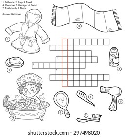 Vector colorless crossword, education game for children about bathroom and beauty items (bathrobe, soap, towel, shampoo, hairdryer, comb, toothbrush, mirror) svg