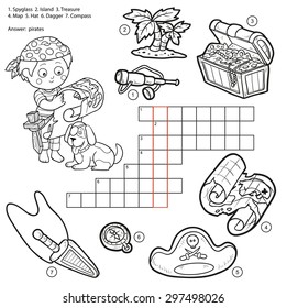 Vector colorless crossword, education game for children about pirates (spyglass, island, treasure, map, hat, dagger, compass)