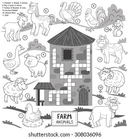 Vector colorless crossword, education game for children about farm animals