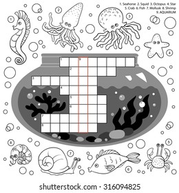 Vector colorless crossword, education game for children about sea world