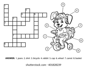 Vector colorless crossword, education game for children. Little rabbit riding a bicycle
