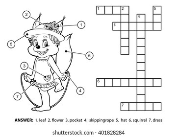Vector colorless crossword, education game for children. Cute squirrel jumping rope