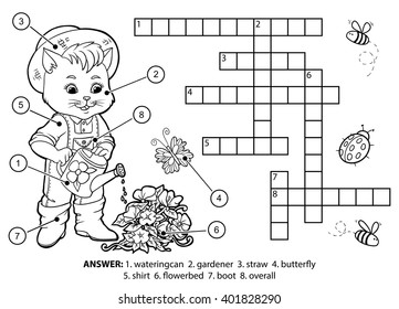 Vector colorless crossword, education game for children. Cat gardener watering flowers