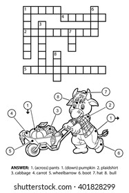 Vector colorless crossword, education game for children. Character bull gardener with a wheelbarrow full of vegetables