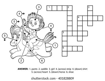 Vector colorless crossword, education game for children. Little girl on a horse