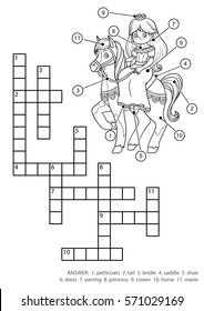 Vector colorless crossword, education game for children. Princess and horse