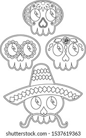 vector colorless illustrations set of kawaii cute mexican skulls with tradition ornament. For day of the dead and Haoolween party.Isolated on transparent background. Coloring page.