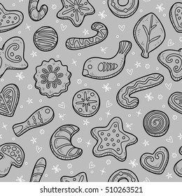 Vector colorless seamless pattern, set of Christmas cookies on gray background