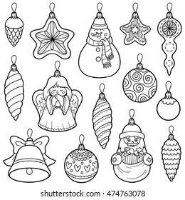 Vector colorless set of Christmas tree toys