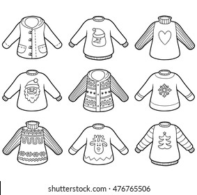 Vector colorless set of sweaters, collection of Christmas pullovers