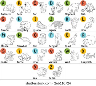 Vector colorless zoo alphabet with cute animals on white background. Square card with animals and letters A-Z
