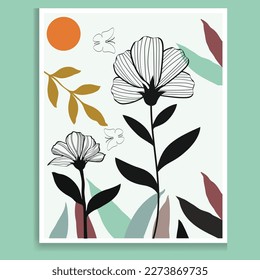 Vector colors botanical wall art foliage line art hand drawing with abstract plant and flower art card template banner background, Design Element, Abstract Backgrounds Collection.