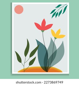Vector colors botanical wall art foliage line art hand drawing with abstract plant and flower art card template banner background, Design Element, Abstract Backgrounds Collection.