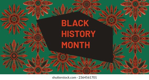 Vector with the colors red and green with tribal African elements and the text "Black History Month."