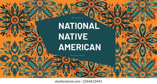 Vector with the colors red, orange, and teal and the text "November is National Native American History Month"