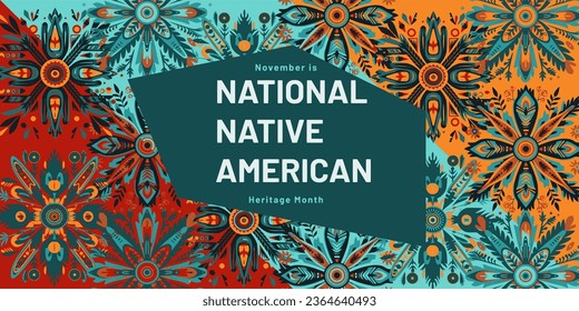 Vector with the colors red, orange, and teal and the text "November is National Native American History Month"