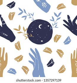 Vector colors seamless pattern of mystic henna hands.and flower, moon. Great for fabric, wrapping paper and card. Aztec stile, ethnic collection, design  isolated on white background.