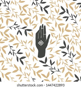 Vector colors seamless pattern of mystic henna mudra hands and flower. Great for fabric, wrapping paper and card. Aztec stile, ethnic collection, design  isolated on white background.