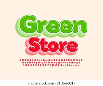 Vector colorul Emblem Green Store. Modern Red 3D Font. Artistic Alphabet Letters and Numbers set