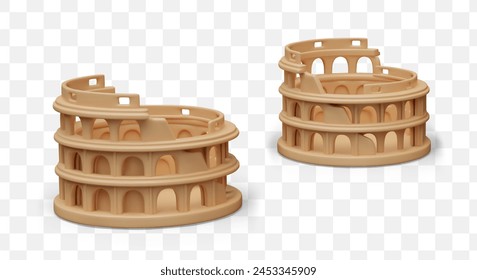 Vector Colosseum in realistic style. Round architectural building in different positions