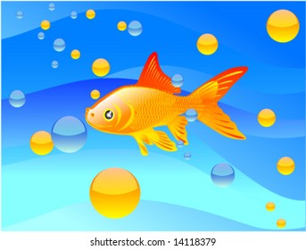 Vector colour cartoon gold fish inwater with bubbles