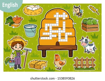 Vector colour crossword in English, education game for children. Cartoon farm set