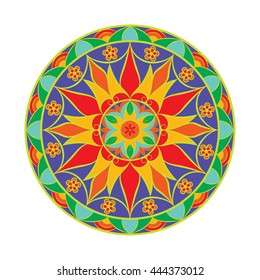 Vector Colour Flower Mandala. Ethnic decorative element for your designs, invitation card, yoga, meditation, astrology and other projects. Mandala Icon.