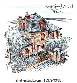 Vector colour hand drawing, a traditional Breton house inside the walls of Mont Saint-Michel, Brittany, France.