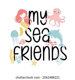 Vector colour hand-drawn children’s illustration, print, the card with a cute mermaid, drops and lettering be wild in Scandinavian style on a white background.