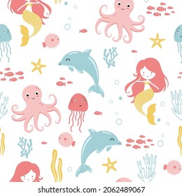 Vector colour hand-drawn children’s illustration, print, the card with a cute mermaid seamless. Scandinavian style on a white background.