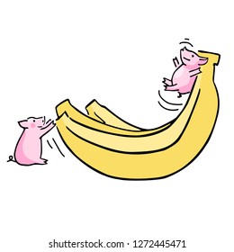 vector colour illustration small piglet and bananas