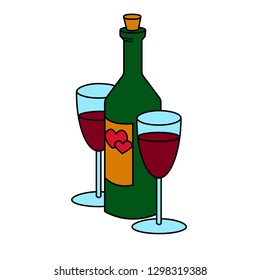 vector colour wine bottle with glasses line art icon