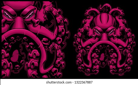 Vector coloured illustration of an octopus on the dark background. Ideal for T-shirt design